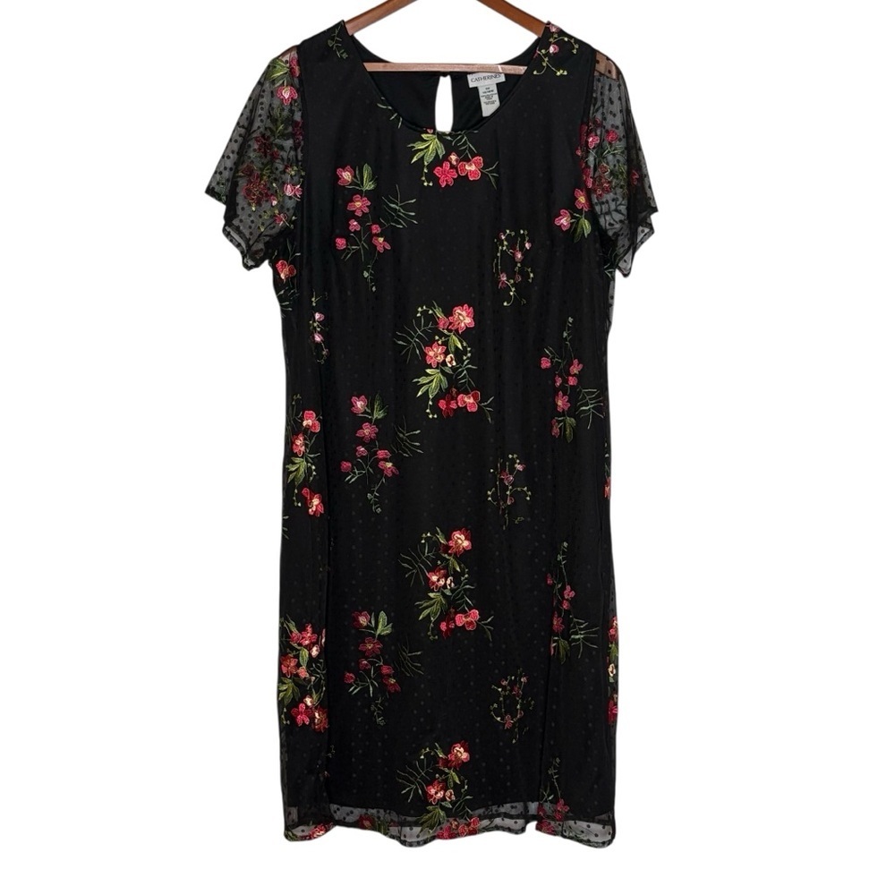 Catherines Embroidered Floral Sheer Layered Shift Dress 14/16W Black Romantic - Picture 7 of 11